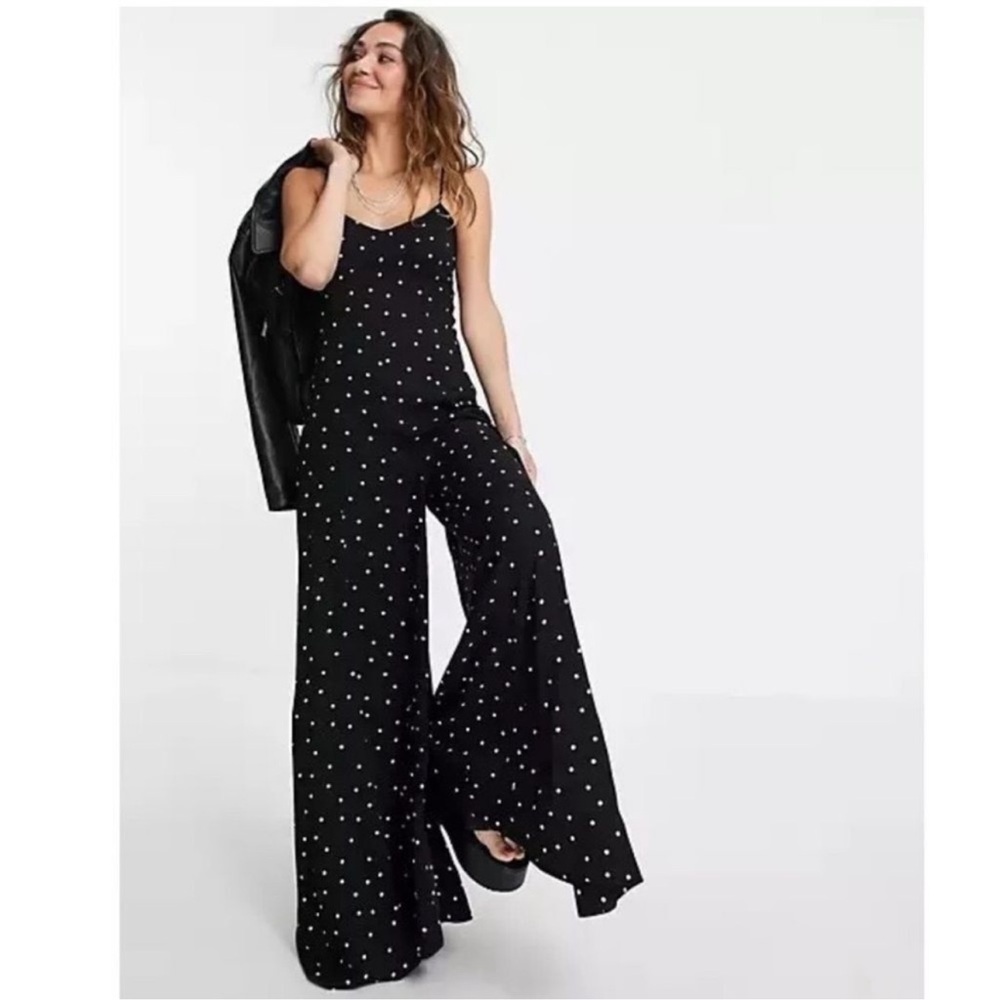 Free People Black and White Polka Dot Jumpsuit Wide-Leg Relaxed Fit